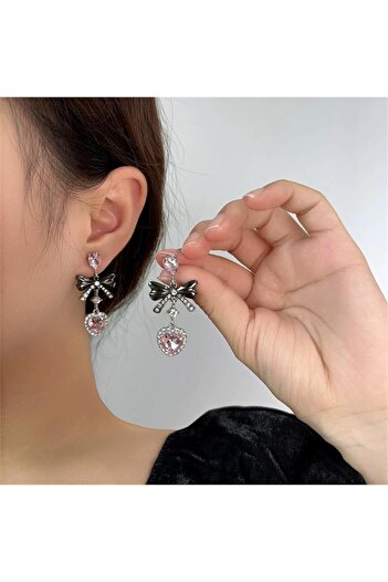 Pelin Aksesuar Smoked Pink Heart Bow Earrings