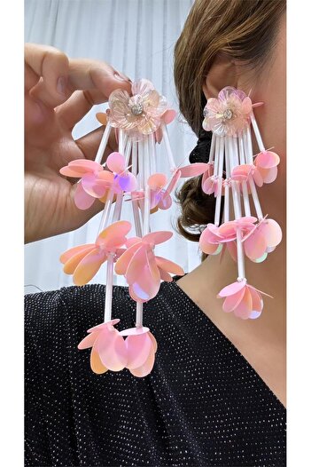 Pelin Aksesuar Pink Long Flower Embroidered Design Earrings