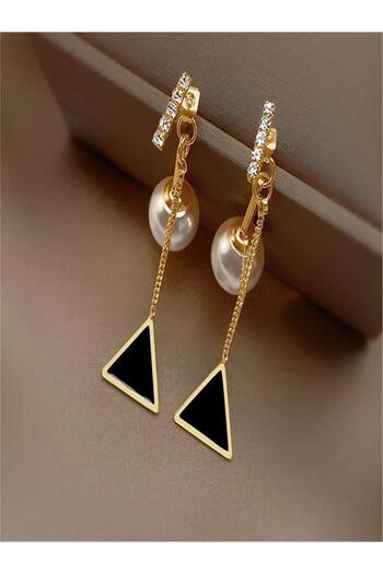 Pelin Aksesuar Ghost Earrings - Black with Triangle Pearl