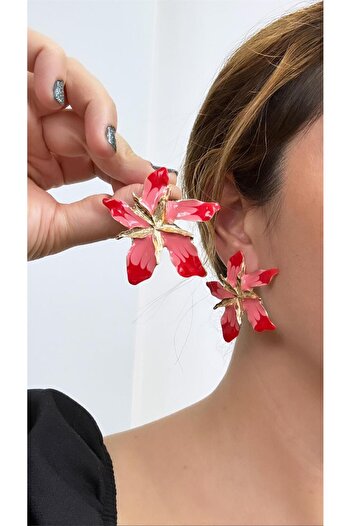 Pelin Aksesuar Pink Red Layered Flower Earrings