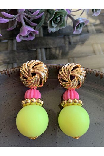 Pelin Aksesuar Neon Yellow Pink Ball Beaded Design Earrings