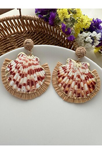 Pelin Aksesuar Raffia Tasseled Sea Shell Large Earrings
