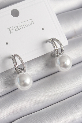 SeyCey.co Brass Silver Color Zircon Stone Hoop Pearl Detail Women's Earrings