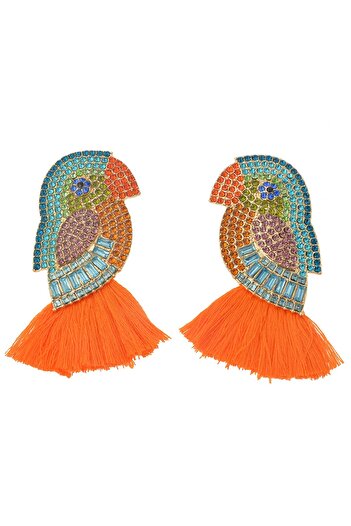 Pelin Aksesuar Big Bird Earrings with Orange Tassels and Stones
