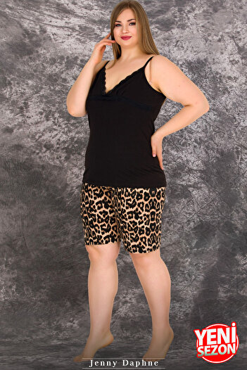 Jenny Daphne Lady Plus Size Black Color Suspender Sleeve Pajamas with Shorts 10421