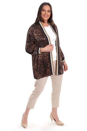 Metpoint Plus Size Leopard Pattern Brown Collar Banded Jacket