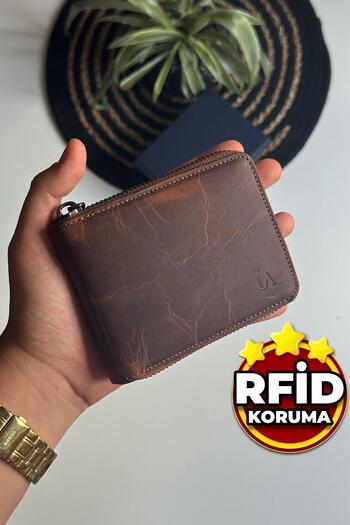 La La'Graccio Paris Paris Lancy Men's Zippered Rfid Protection Crazy Layered Genuine Leather Wallet