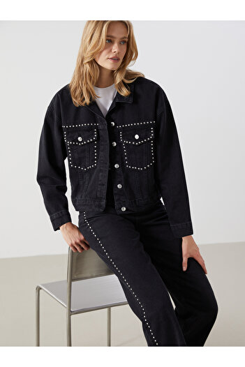 LC Waikiki Shirt Collar Women's Jeans Jacket with Shiny Stones
