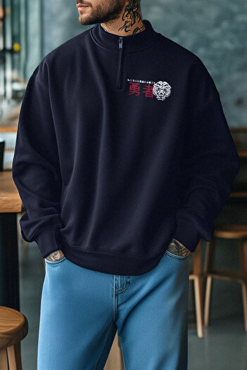 Edit by Trendyol Navy Blue Regular/Normal Cut Zipper Collar Printed Men's Sweatshirt Tmnaw25Sw00206