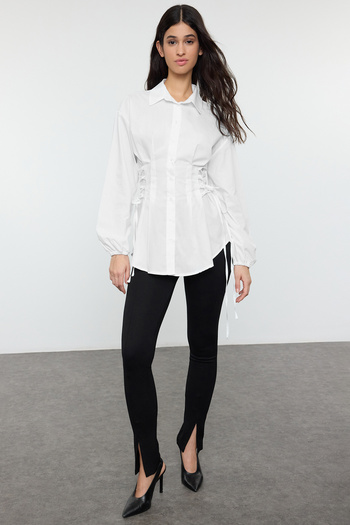 Trendyol Modest Detailní tkaná košile Ecru v pase TCTSS25TG00003