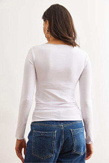 Olalook Women's White Dirty Collar Side Gathered Cotton Blouse Blz- 19002813