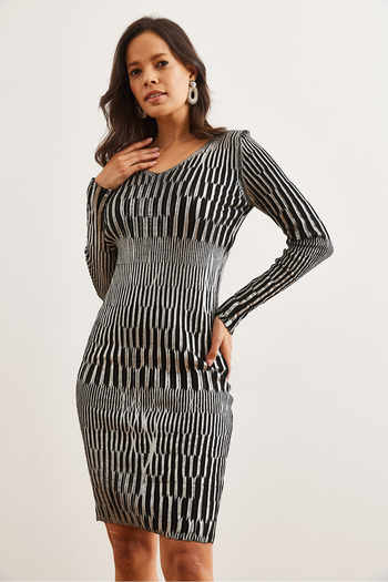Olalook Women's Silver V Neck Ribbed Mini Metallic Knitwear Dress Elb- 19002332