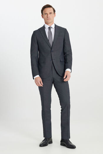 ALTINYILDIZ CLASSICS Men's Navy Blue-White Wool Slim Fit Slim Fit Swallow Collar Print Cover Pocket Suit
