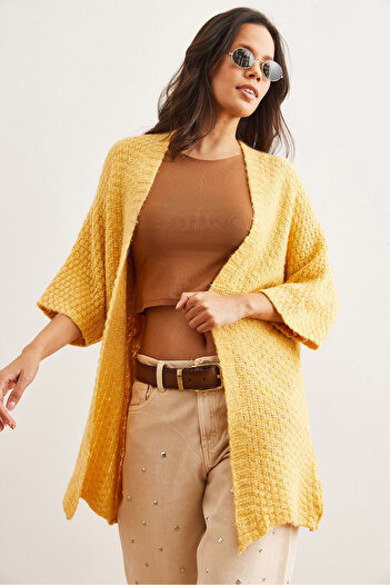 Olalook Women's Yellow Honeycomb Soft Textured Knitwear Cardigan Hrk- 19000328