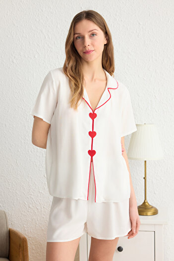 Trendyol Collection White-Multicolor Heart Piping Detail Viscose Woven Pajamas Set Thmss25Pt00002