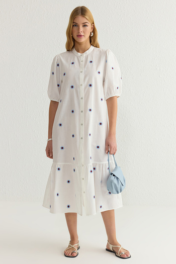 Trendyol Collection Ecru Floral Embroidery Midi Woven Shirt Dress Twoss25El00039