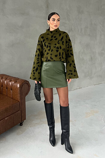 Seda Yalçın Atelier Khaki Trapezoidal Mini Leather Skirt