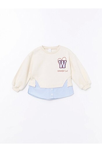 LC Waikiki Lcw Kids Ecru Girls Sweatshirt and Sweatpants Set - Crew Neck, Printed