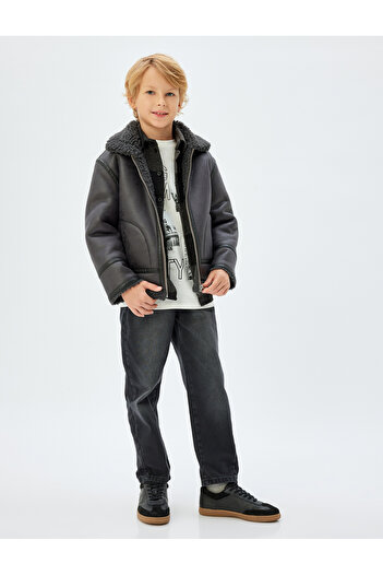Koton Biker Jacket - Leather Look, Faux Fur, Collar Detail and Zipper