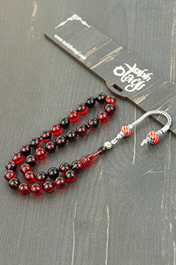 Tesbih Otağı Globe Cut Special Design Silver Tufted Fire Amber Prayer Beads