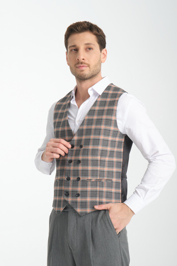 Frappoli Black-Hardal Plaid Print V-Neck Double Breasted Vest Slim Fit