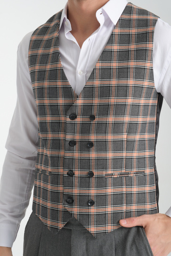 Frappoli Black-Hardal Plaid Print V-Neck Double Breasted Vest Slim Fit