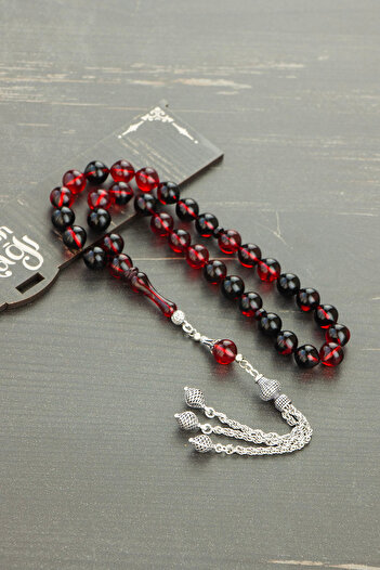 Tesbih Otağı Sphere Cut Fire Amber 925 Sterling Silver Tasseled Rosary