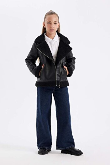 DeFacto Girl's Leather Coat and Jacket C6575A8/Bk27 Black