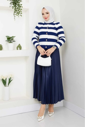 bm bessomoda fashion boutique Γυναικείο Πλεκτό Μπλε Navy Ζακέτα Πλισέ Φούστα