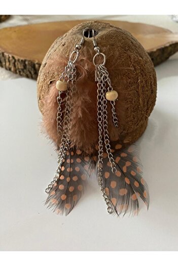 canan dizayn Bohemian Brown Style Earrings - Spotted Feather Chain