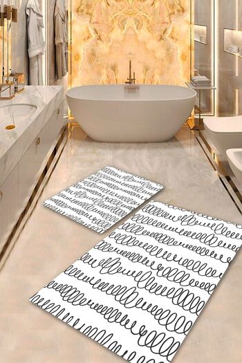 Aldora White-Black Non-Slip Sole Design Bathroom Mat Set Bps-4712