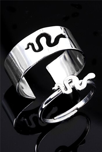 LABALABA Snake Figured Silver Color Lacquer Plated Adjustable Pair of 2 Rings