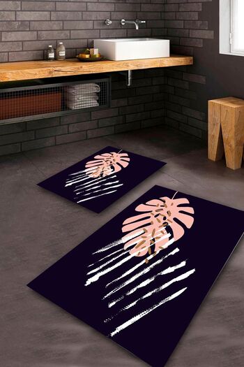 Aldora Machine Washable Stain Resistant Navy Blue-Pink Pvc Leather Non-Slip Base Leaf Bathroom Toilet Set Sa