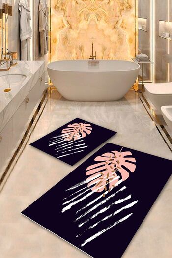 Aldora Machine Washable Stain Resistant Navy Blue-Pink Pvc Leather Non-Slip Base Leaf Bathroom Toilet Set Sa