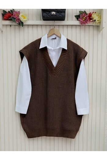 Modamorfo V-Neck Wide Ribbed Solid Brass Knitted Long Sweater - Coffee