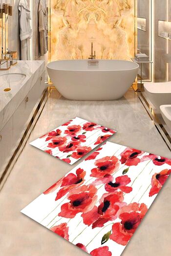 Aldora Pomegranate Flower Non-Slip Base Flower Bathroom Mat Set Bps-1295