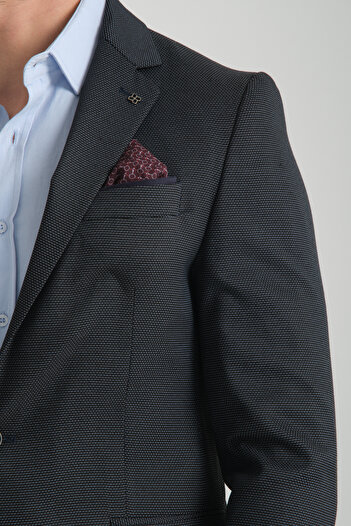 Frappoli Patterned Dark Navy Slim Fit Men's Blazer Mono Collar Sports Jacket