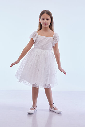 Ahengim Kids Kız Çocuk Kare Yaka Trend Tül Elbise AK2242