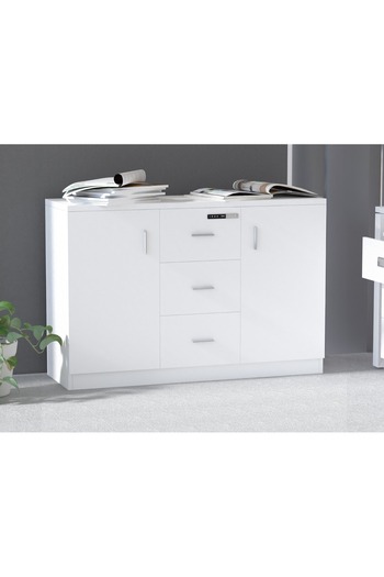 Mahmayi Carre 1147 Storage Cabinet with 3 Storage Drawer, 2 Side Door & Touch Screen Lock-White