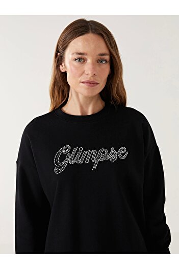 LC Waikiki Lcw Modest Black Printed Oversize Women's Thick Sweatshirt Tunic