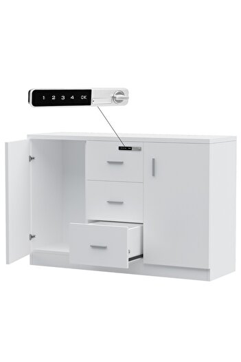 Mahmayi Carre 1147 Storage Cabinet with 3 Storage Drawer, 2 Side Door & Touch Screen Lock-White