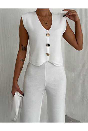 YUSUF CAN KARATAŞ KARATAŞ GİYİM Women's Double Knitwear Set - Vest and Trousers Cream Color, Standard Size Smlxl Matching