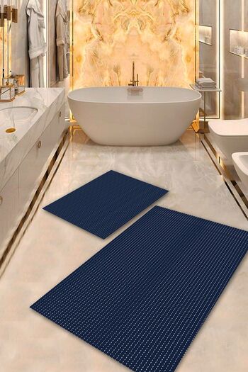 Aldora Navy Blue Non-Slip Base Line Bathroom Mat Set Bps-7809