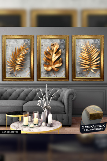 Evinemoda Marble Pattern Background Gold Leaf Flower 3 Piece Framed Painting Cvplk