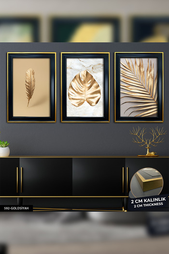 Evinemoda Yapraklar Gold 3 Parça Çerçeveli Tablo CVPLK