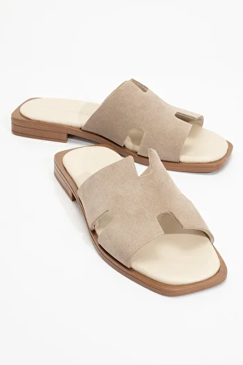Dericlub Zy 8012 Model Suede Beige Real Leather Women's Slippers - Banded