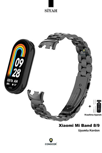 CONOCER Xiaomi Mi Band 8/ Mi Band 9 Compatible Metal Link Adjustable Clip-On High Quality Steel Cord