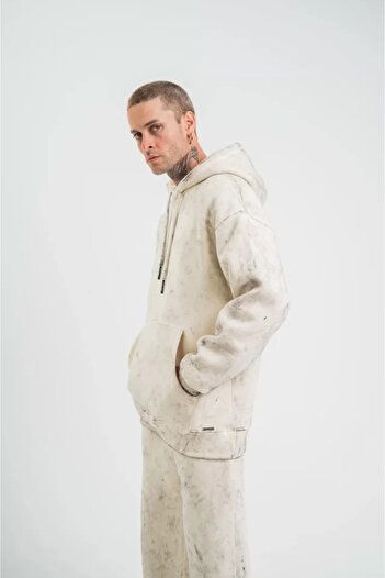Kokosh moda Unisex Double Oversize Hooded Washable Sweatshirt - Cream