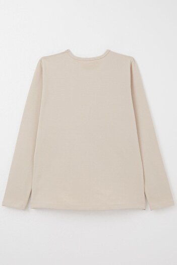 Breeze 9-14 Years Old Girl's Beige Long Sleeve Gilded Leaf Print T-Shirt