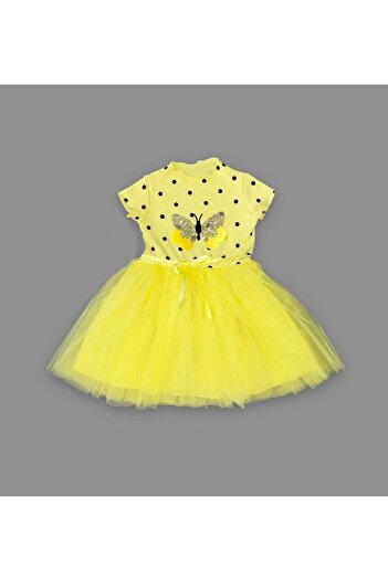 DEFNADA 5-6-7 Years Sequined Butterfly Patterned Polka Dot Girl's Dress